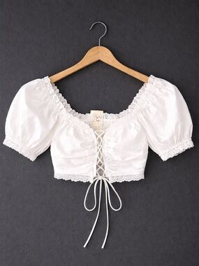 For Love Bell White Peasant Crop Top Small Puff Sleeve Lace Up Cottagecore Boho
